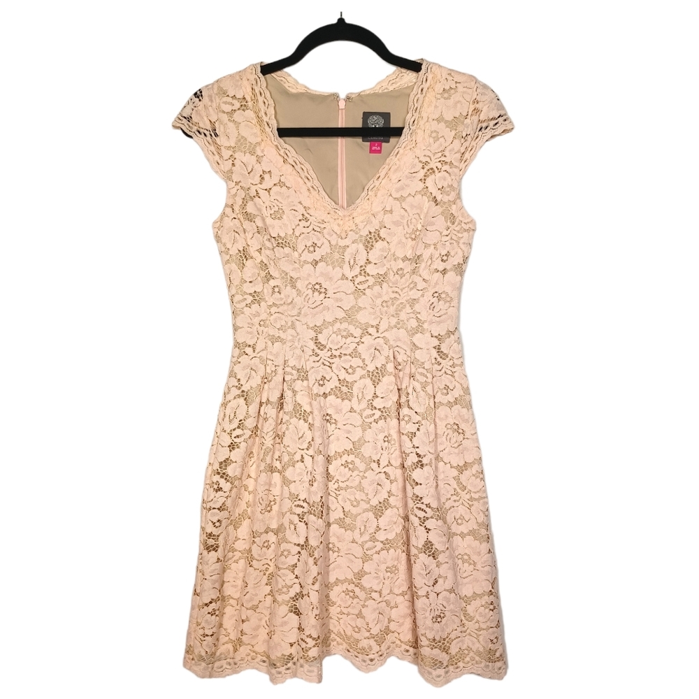 VINCE CAMUTO Blush Pink Floral Lace Nude Lining Cap Sleeve A Line Mini Dress 2